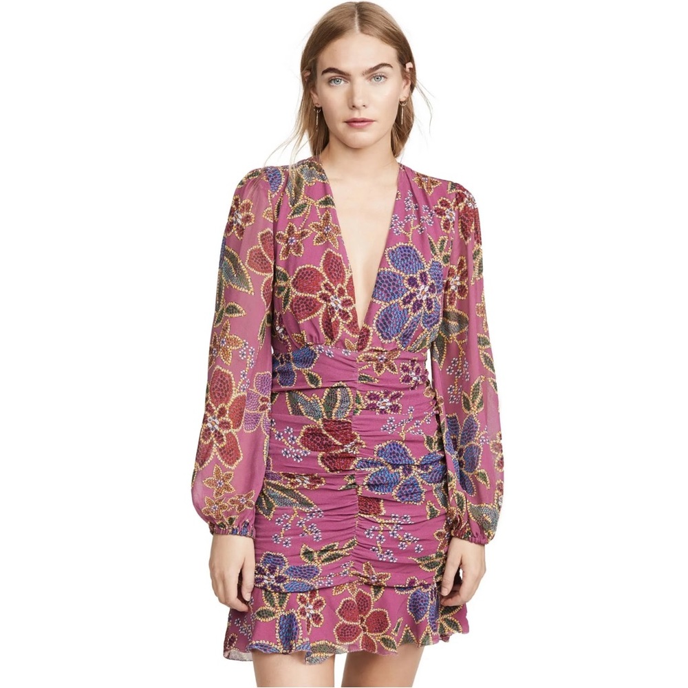 FARM RIO Mauve Pink Blue Floral Long Sleeve Plunging V Ruched Ruffle Mini Dress - Picture 4 of 17